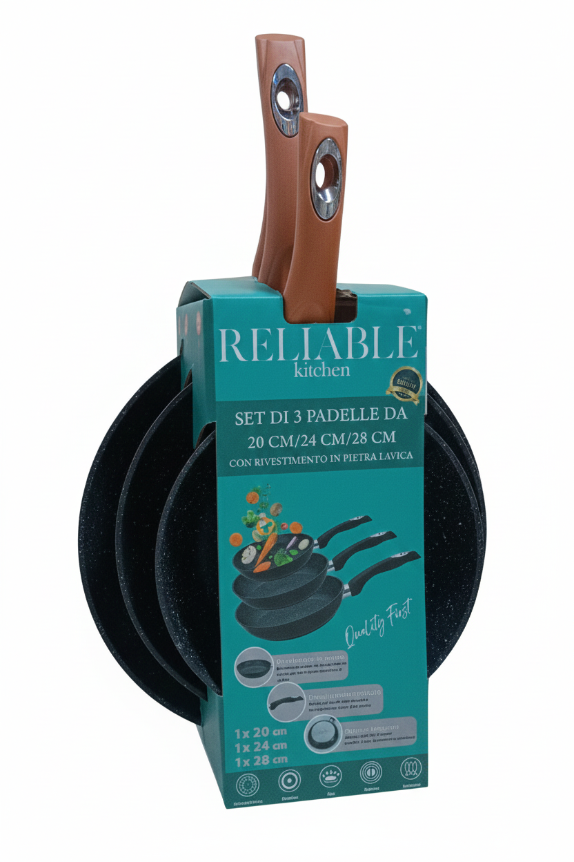 Reliable Kitchen Set 3 Padelle Antiaderenti 20/24/28 cm – Rivestimento Marmo/Pietra Lavica – Manico Soft Touch – Adatte a Induzione