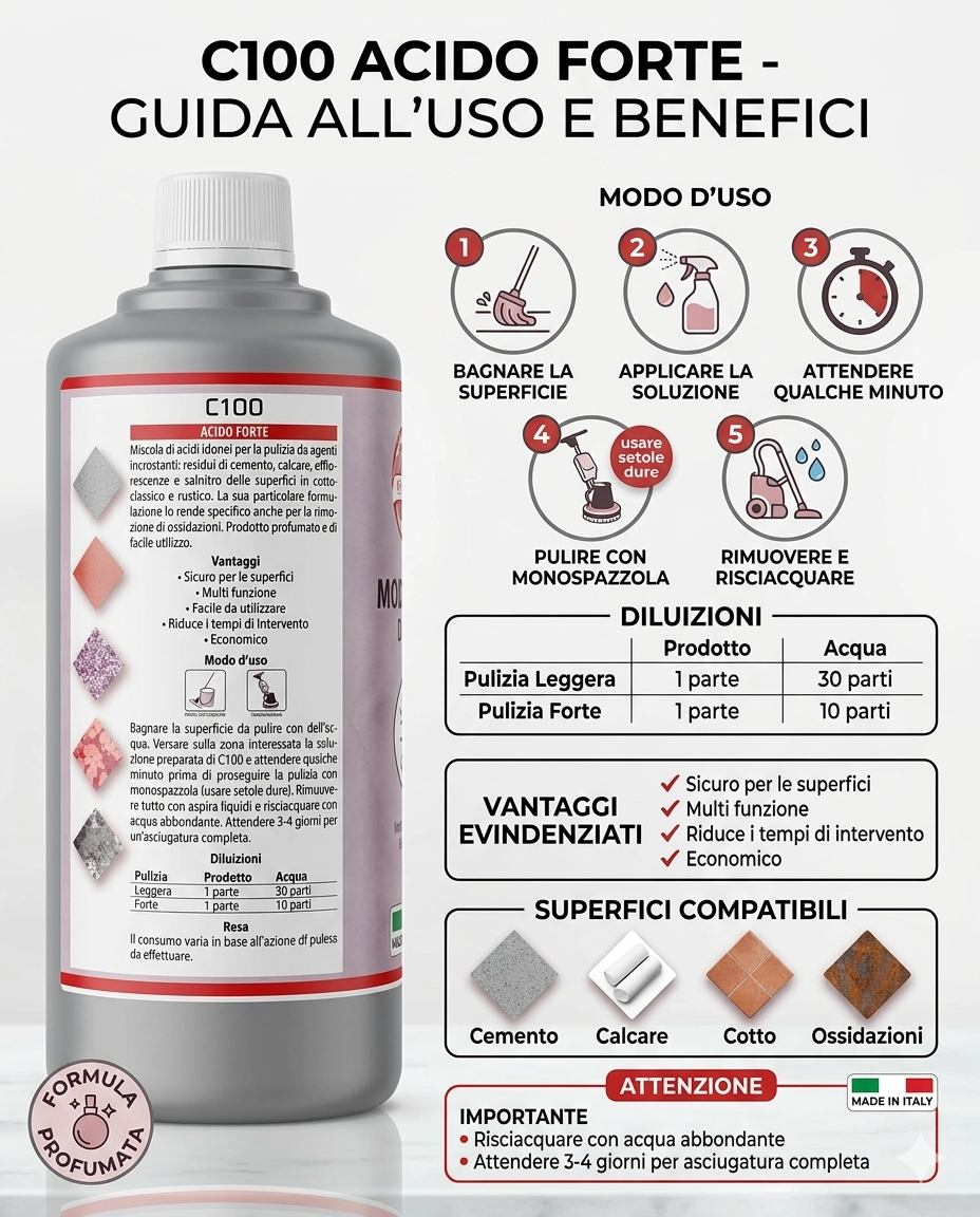 FAREN C100 Disincrostante Acido Professionale 750ml | Rimuove Residui di Cemento, Malta e Sigillanti | Ideale per Cotto, Clinker e Terrazze | Rimuove Salnitro e Ruggine | Made in Italy