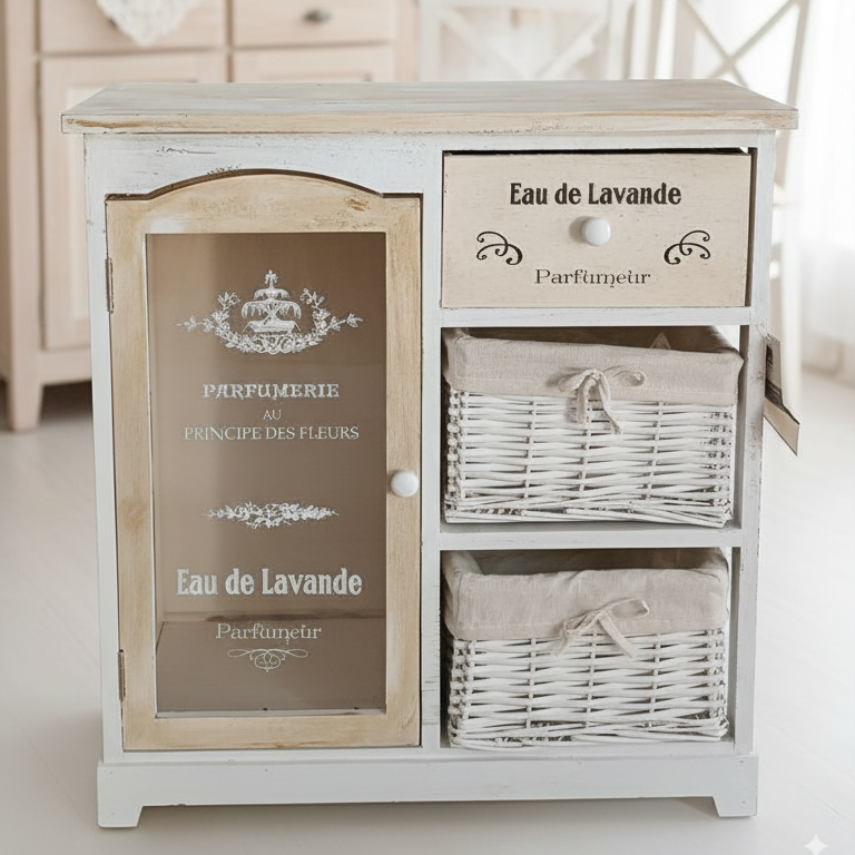 Mobiletto in Legno e Salice STAR – Vetrina Shabby Chic con 3 Cassetti e Ceste Intrecciate – 60,5x28x63 cm
