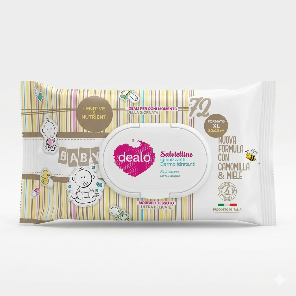 Dealo Baby XL salviettine Camomilla e Miele, confezione da 72 pezzi per pelle delicata di neonati e bambini.