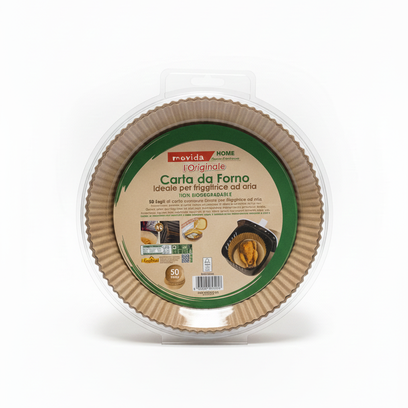 Movida Home | Carta da Forno Rotonda a Cestello per Friggitrice ad Aria | 50 Fogli Monouso | Diametro 16 cm con Bordo 4,5 cm | 100% Biodegradabile | PFAS Free | Resistente fino a 230°C