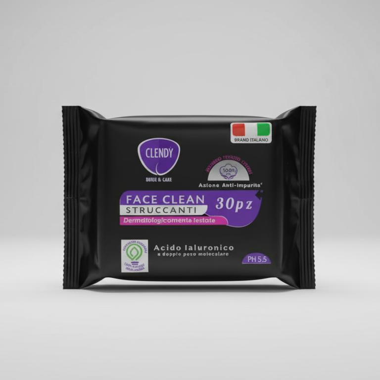 Clendy Face Clean Salviette Struccanti 30 pz – Con Acido Ialuronico a Doppio Peso Molecolare & Aloe Vera – Azione Anti-Impurità pH 5.5