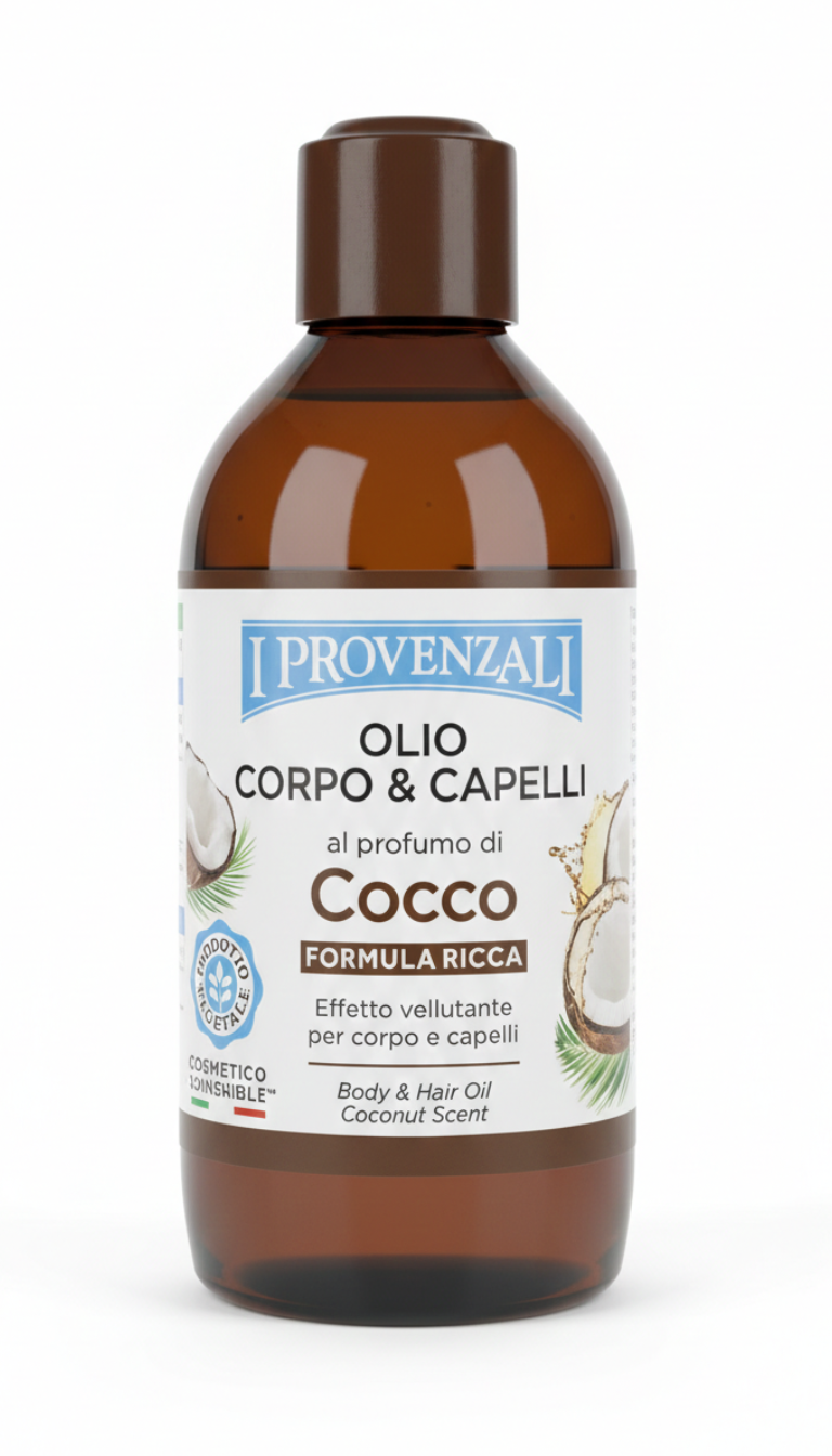 I Provenzali Olio Corpo e Capelli Profumo di Cocco 200ml – Effetto Vellutante e Idratante – Trattamento Naturale e Impacco Pre-Shampoo