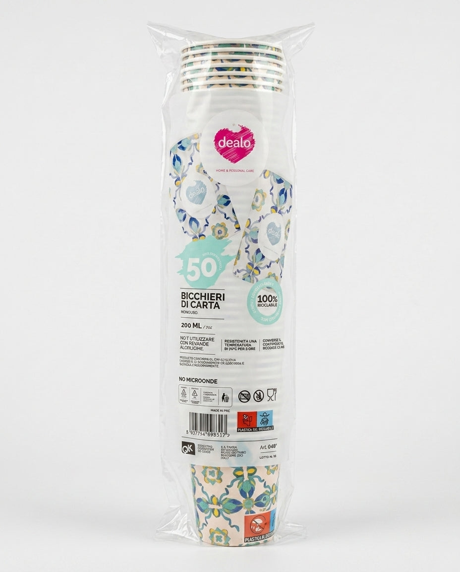 Dealo Bicchieri di Carta Monouso 200 ml 50 Pezzi Fantasia Maiolica – Soluzione Ecologica Riciclabile per Bevande Calde e Fredde