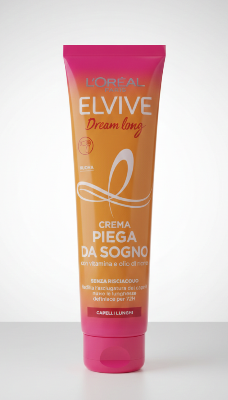 L'Oréal Elvive Dream Lengths Crema Super Blowdry 200 ml termoprotettore anti-crespo 72 ore con olio di ricino e vitamine protezione fino a 230°C per capelli lunghi secchi e fragili
