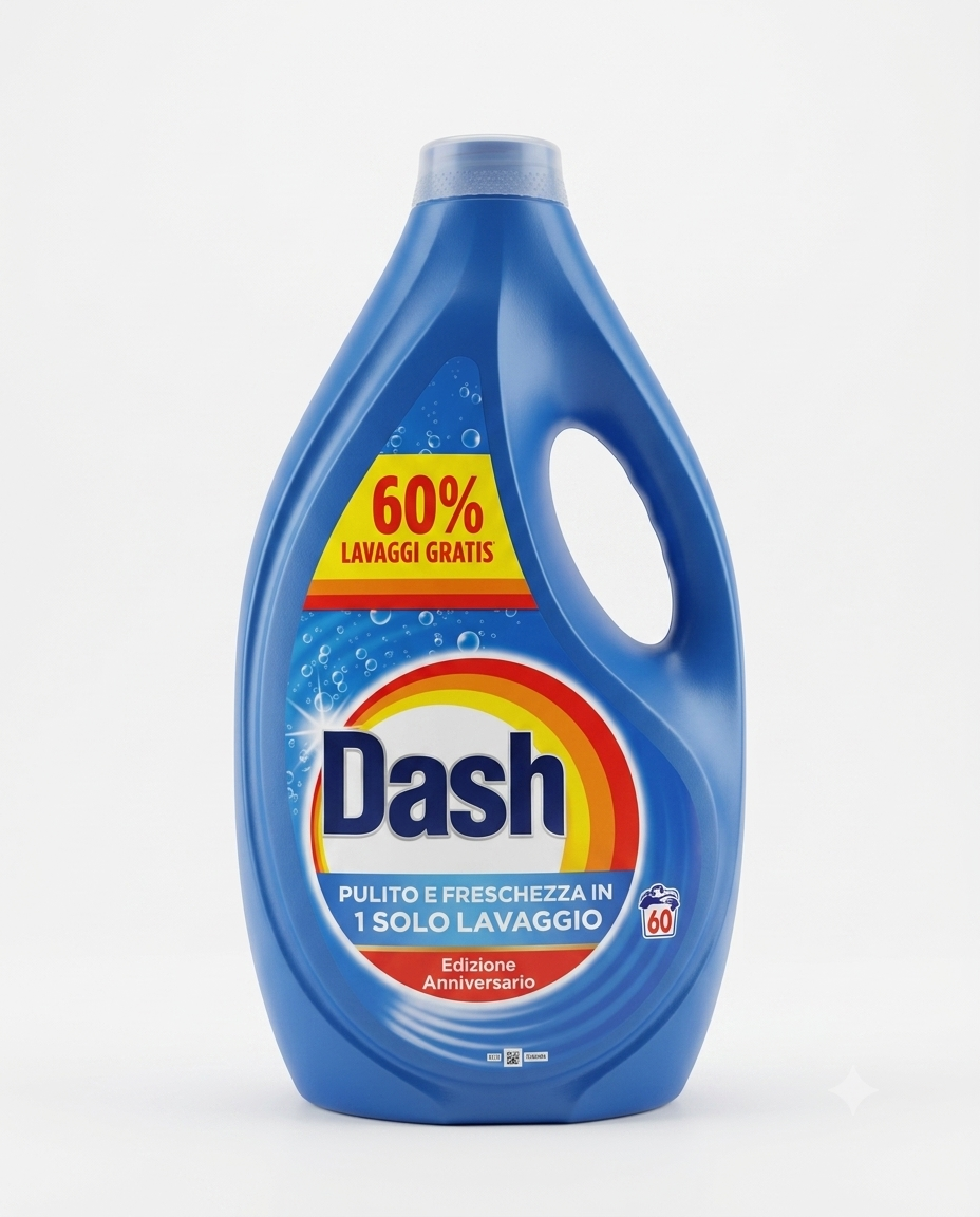 Dash Detersivo Lavatrice Liquido Edizione Anniversario 60 Lavaggi 2700 ml, detergente bucato liquido per un pulito profondo e una freschezza intensa in un solo lavaggio, efficace contro lo sporco quotidiano e ideale per tutta la famiglia.