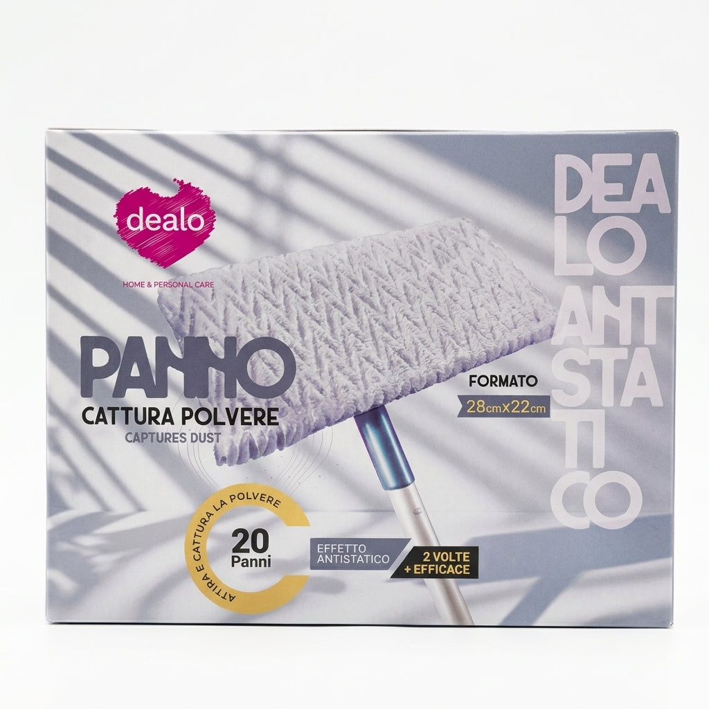 Dealo Panni Cattura Polvere Antistatici 28x22 cm Pavimenti e Superfici Confezione da 20 Panni – Azione Elettrostatica Zero Dispersione