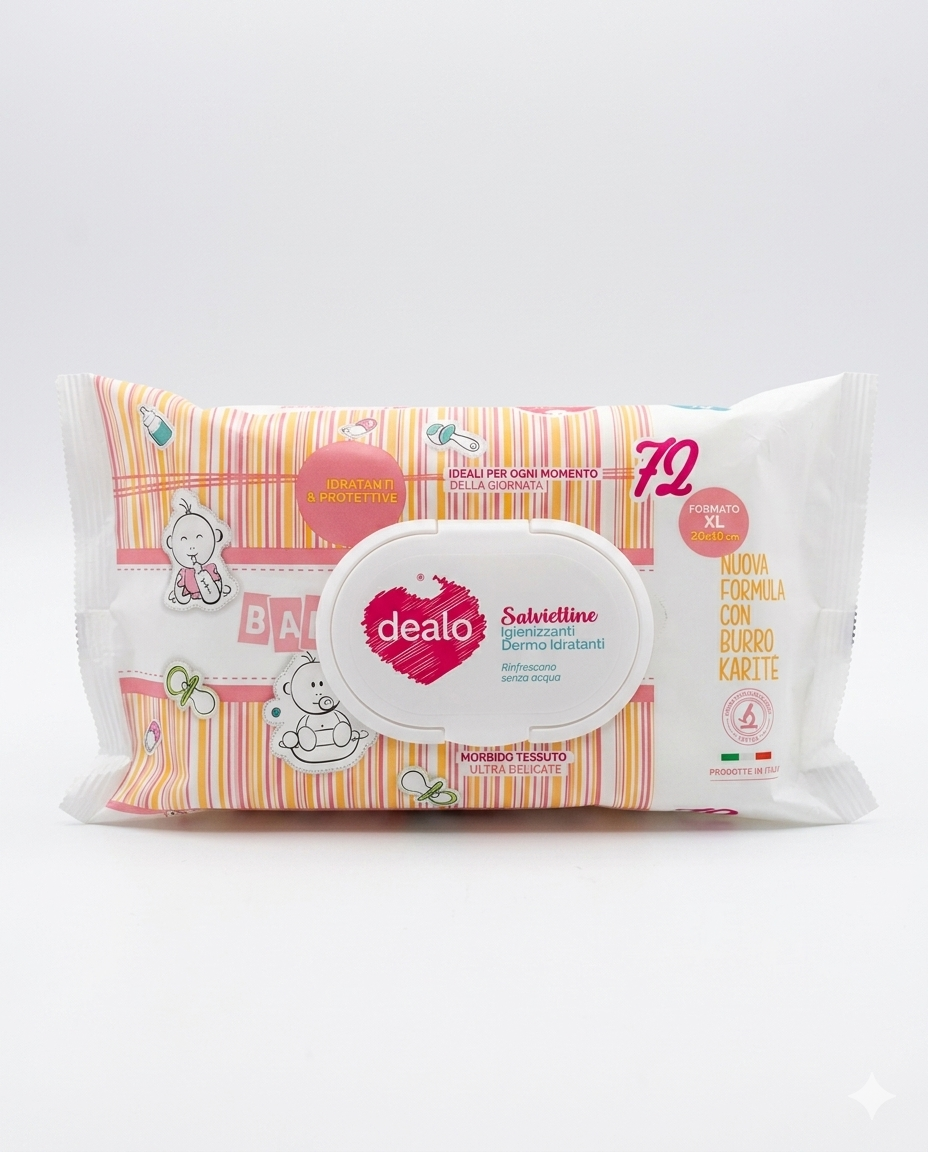 Dealo Baby XL salviettine umidificate al Burro di Karité, confezione da 72 pezzi per neonati e bambini.