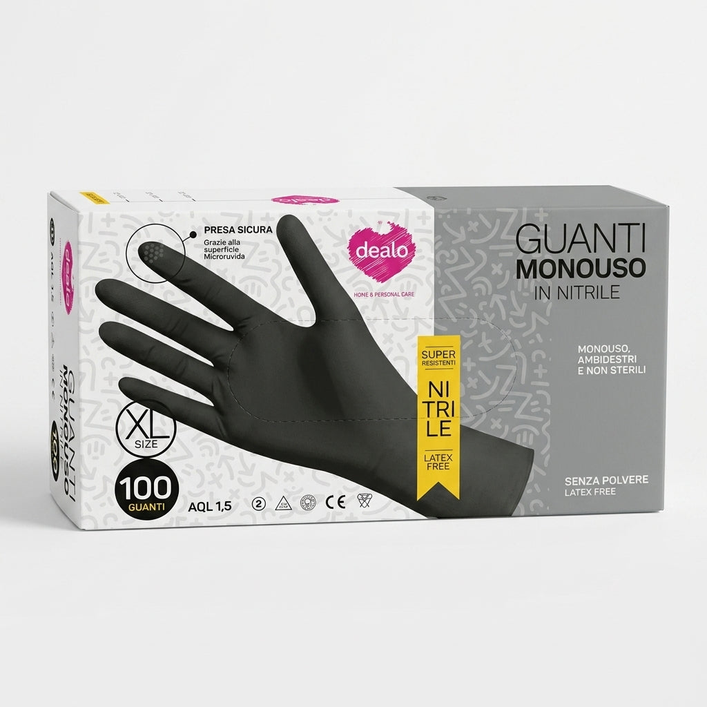 Dealo Guanti Monouso in Nitrile Neri M-L-XL | 100 Pezzi | Senza Lattice e Polvere | DPI Cat. III e Dispositivo Medico Classe I
