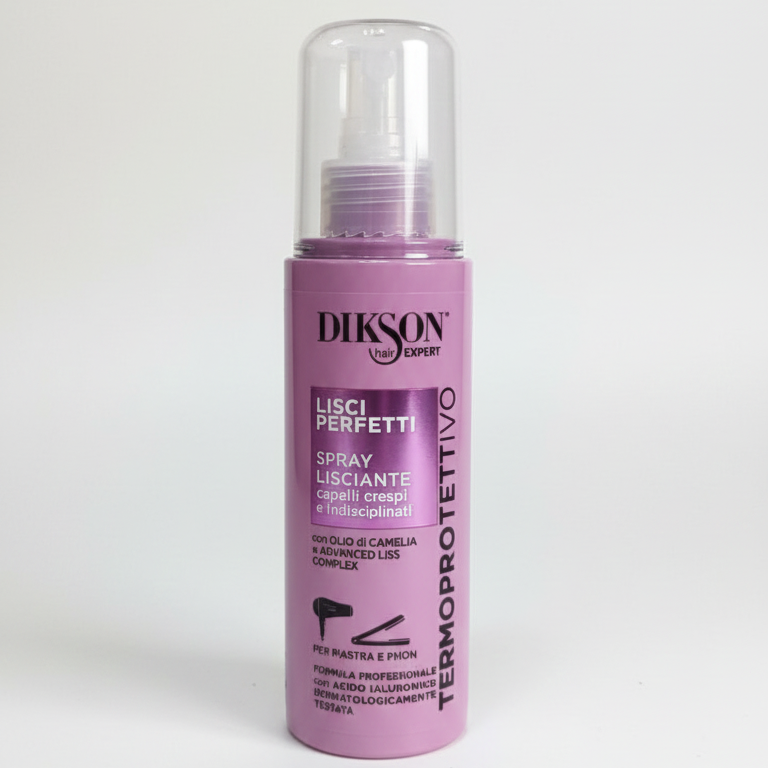 Spray Dikson Lisciante Termoprotettivo 150ml per capelli crespi, con olio di camelia e acido ialuronico, protezione dal calore di piastra e phon.