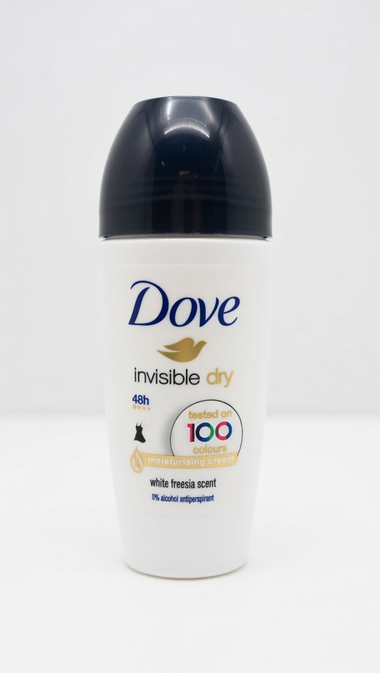 Dove Invisible Dry Roll-On White Freesia Scent 50ml – Deodorante Antimacchie su 100 Colori – 48 Ore di Protezione – 0% Alcool con Crema Idratante