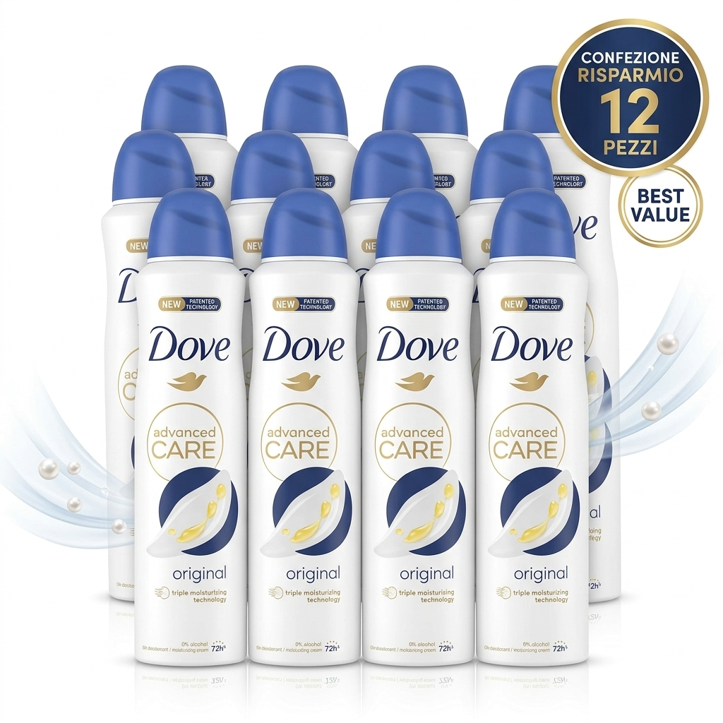 BUNDLE 12 Pezzi Dove Original Deodorante Spray 250ml | Maxi Formato con Spedizione Inclusa | Protezione Antitraspirante 48h | 0% Alcool con 1/4 di Crema Idratante
