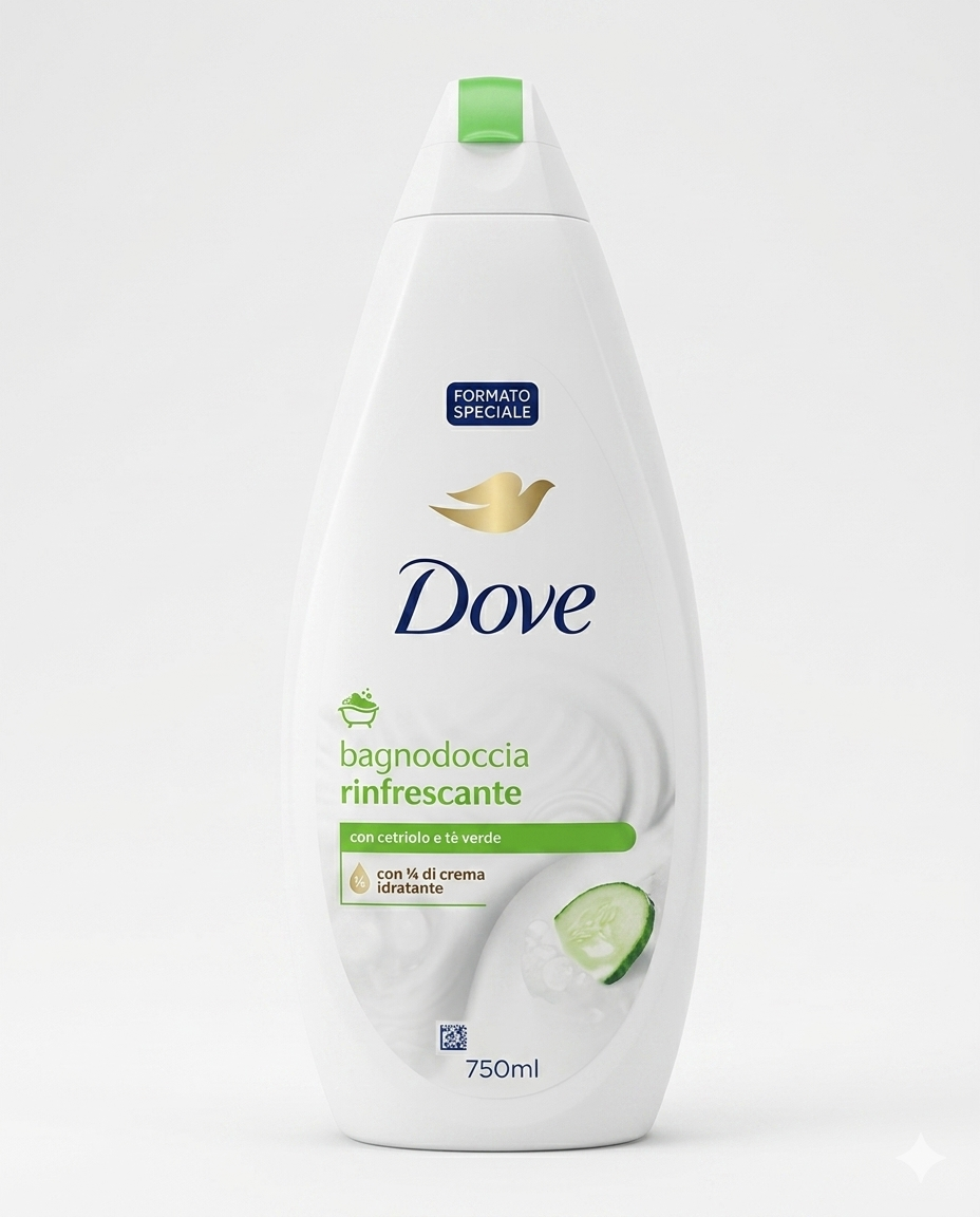 Dove Bagnodoccia Cetriolo e Tè Verde 750ml con 1/4 di crema idratante, detergente corpo rinfrescante per uso quotidiano. Formula nutriente che aiuta a mantenere la pelle morbida e idratata, arricchita con una fresca fragranza estiva al cetriolo e tè verde per una piacevole sensazione di freschezza.