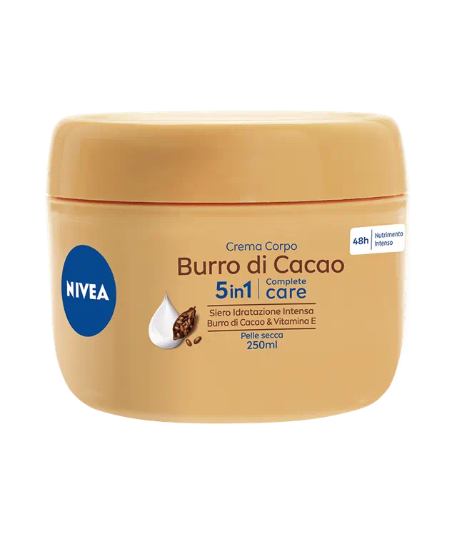 NIVEA Crema Corpo Burro di Cacao 250 ml | Idratazione Intensa 5 in 1 (48h) | Pelle Secca | Con Vitamina E & Siero NIVEA – Nutrimento Profondo