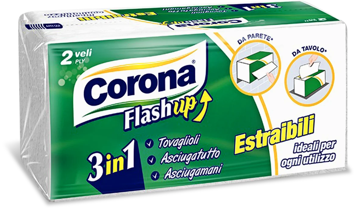 Corona Flashup 3in1 Asciugamani Monouso Estraibili | 2 Veli Pura Cellulosa | Sistema Adesivo da Parete o Tavolo | 21x21 cm
