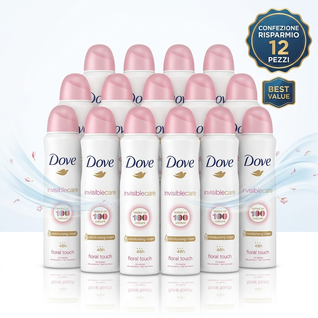 BUNDLE 12 Pezzi Dove Invisible Care Deodorante Spray 250ml | Protezione 48h Anti-Macchie Testata su 100 Colori | Fragranza Ninfea e Rosa | 0% Alcool con 1/4 Crema Idratante