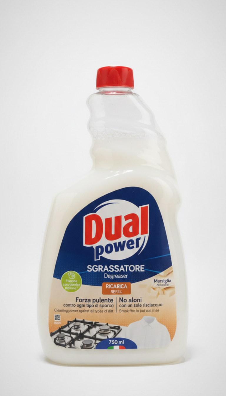 Dual Power Sgrassatore Universale Ricarica 750ml | Formula Ultra Potente Senza Aloni | Eco-Refill con Plastica Riciclata | Profumo Marsiglia