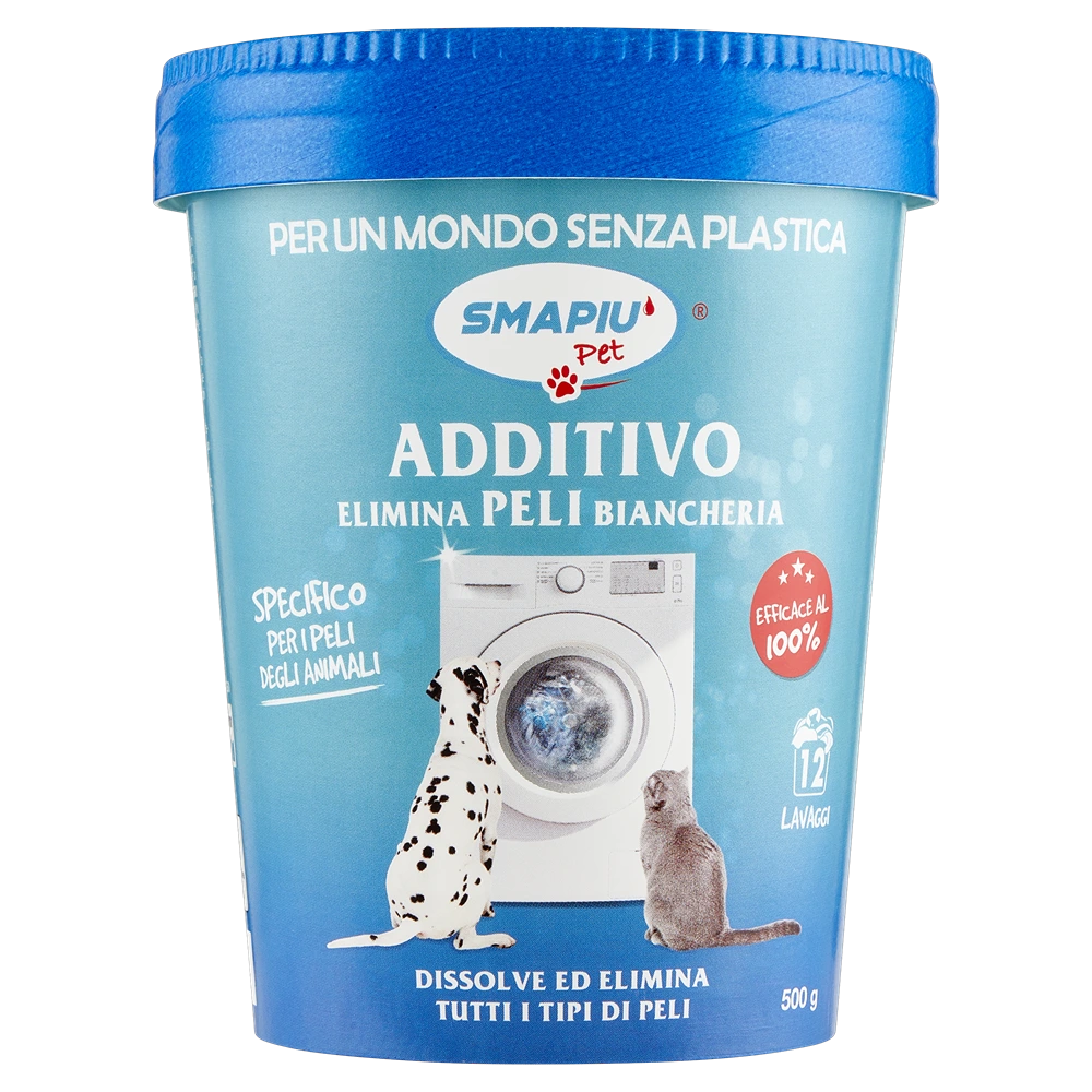 SMAPIÙ Additivo Sciogli-Peli Lavatrice 500g | Elimina Peli di Cani e Gatti | Igienizzante Ossigeno Attivo | Confezione Plastic-Free