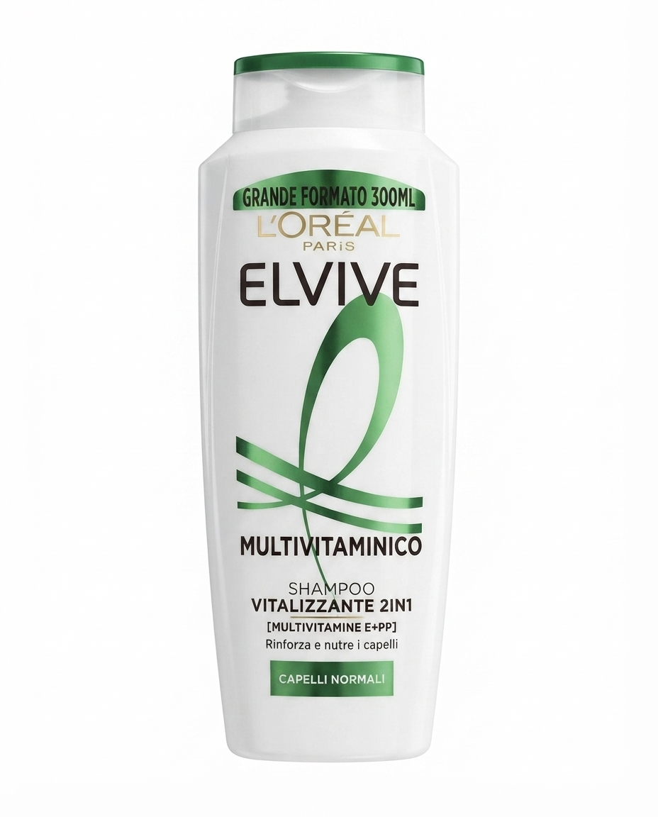 L'Oréal Paris Elvive Multivitaminico Shampoo Vitalizzante 2in1 300 ml, per capelli normali con Vitamine E e PP, deterge, rinforza e illumina i capelli lasciandoli morbidi e vitali.
