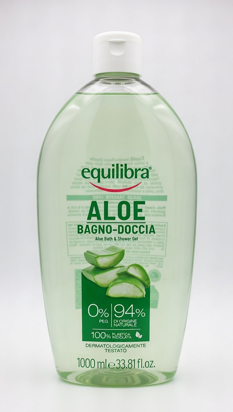 Equilibra Bagno Doccia Aloe Vera 1000ml con 94% ingredienti di origine naturale, detergente corpo idratante e purificante per uso quotidiano. Formula con aloe vera, glicerina e tensioattivi vegetali che aiuta a detergere delicatamente la pelle lasciandola fresca, morbida e idratata. Senza parabeni, siliconi e PEG.