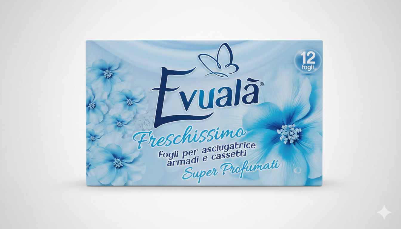 EVULA Freschissimo 12 Fogli Profumati Multifunzione | Per Asciugatrice, Armadi e Cassetti | Azione Antistatica e Ammorbidente | Qualità Fatigati