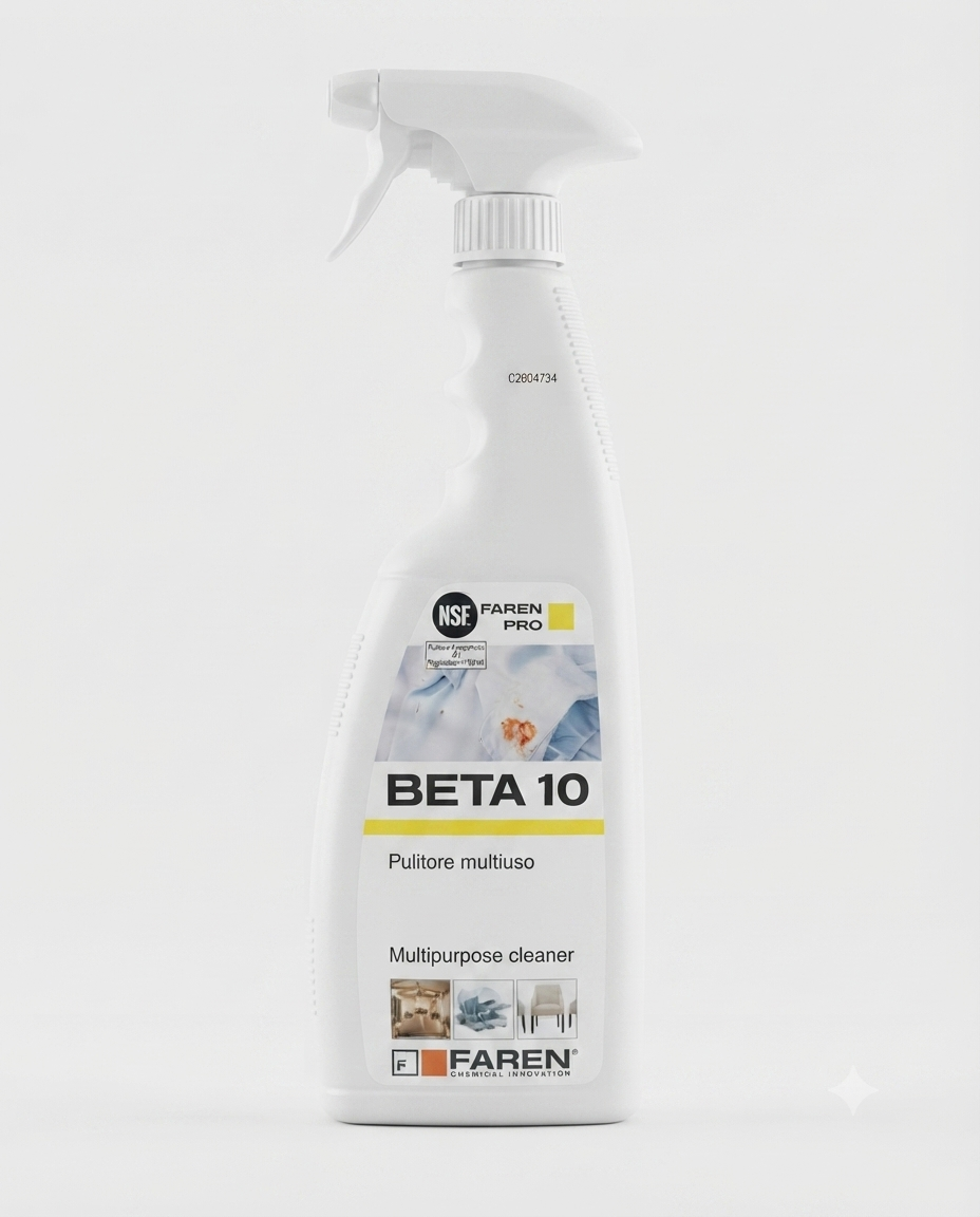 FAREN PRO Beta 10 Pulitore Multiuso 750 ml, detergente spray per tessuti, plastica, metalli e legno, rimuove efficacemente grasso e sporco con formula pronta all'uso per superfici domestiche e professionali.