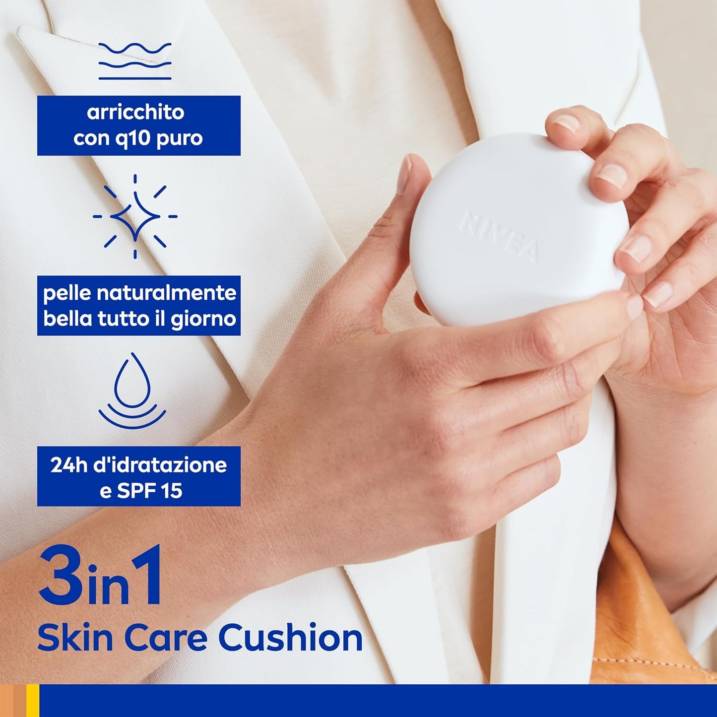 NIVEA Q10 Anti-Rughe POWER 3in1 Skin Care Cushion 15g – Fondotinta Idratante 24h con SPF 15 – Disponibile in Light-Medium e Dark