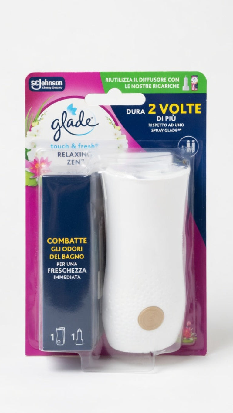 Glade Touch & Fresh Starter Kit – Diffusore Compatto + Ricarica 10ml – Freschezza Istantanea per Bagno e Ambienti – Dura 2 Volte di Più – Relaxing Zen & Ocean Adventure