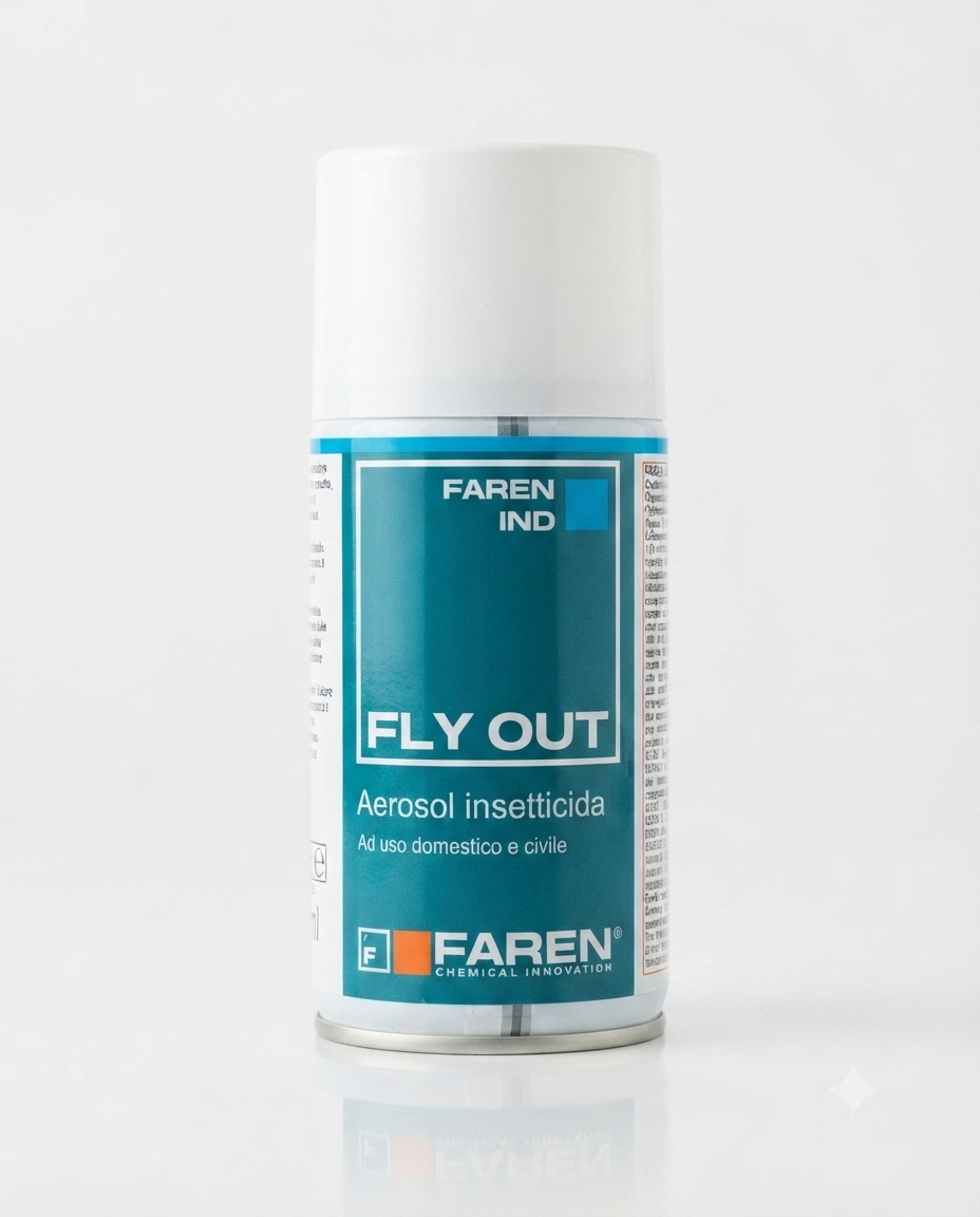 FAREN Fly Out Aerosol Insetticida 250 ml, ricarica spray per diffusore automatico, efficace contro mosche, zanzare e insetti volanti, ideale per ambienti domestici e civili.
