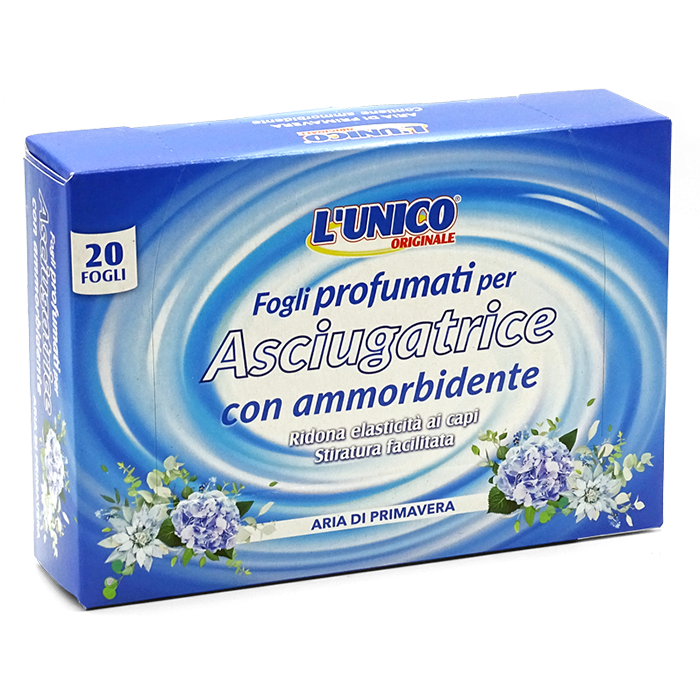 L'Unico Originale Fogli Profumati per Asciugatrice 20 pz | Azione Ammorbidente e Antistatica | Fragranza Aria di Primavera | Formato Maxi 20x30 cm