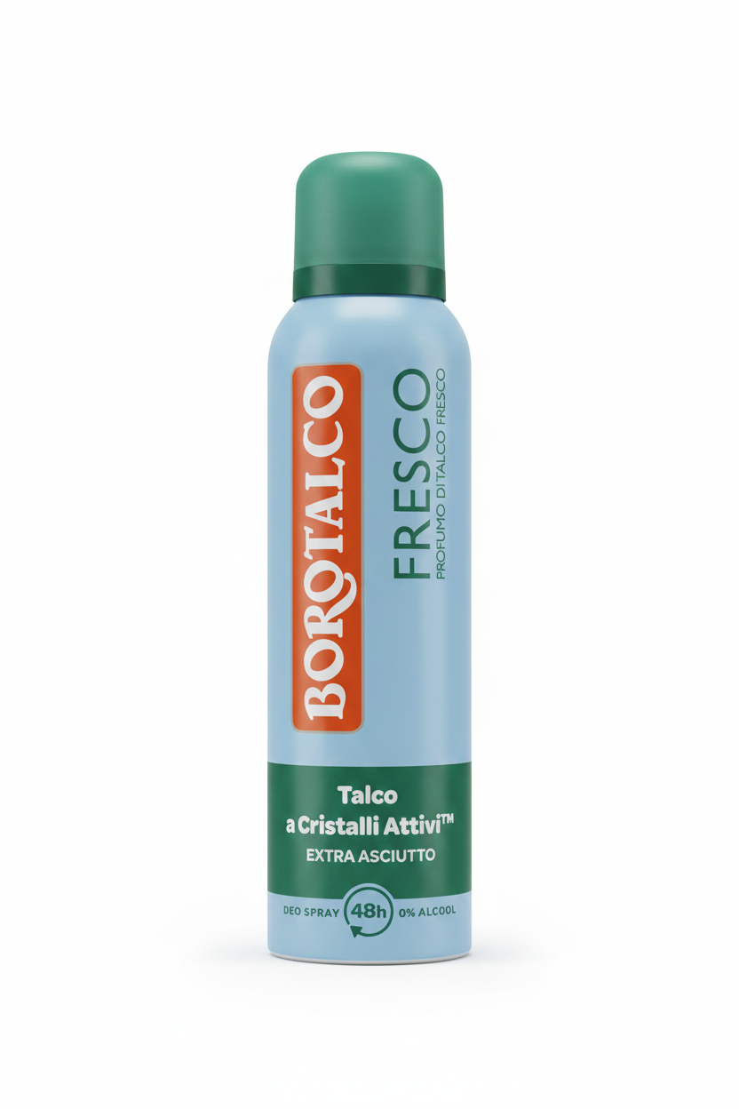 BOROTALCO Fresh Spray 150ml | Profumo di Talco Fresco | 48H Tripla Protezione con Talco a Cristalli Attivi™ | 0% Alcool
