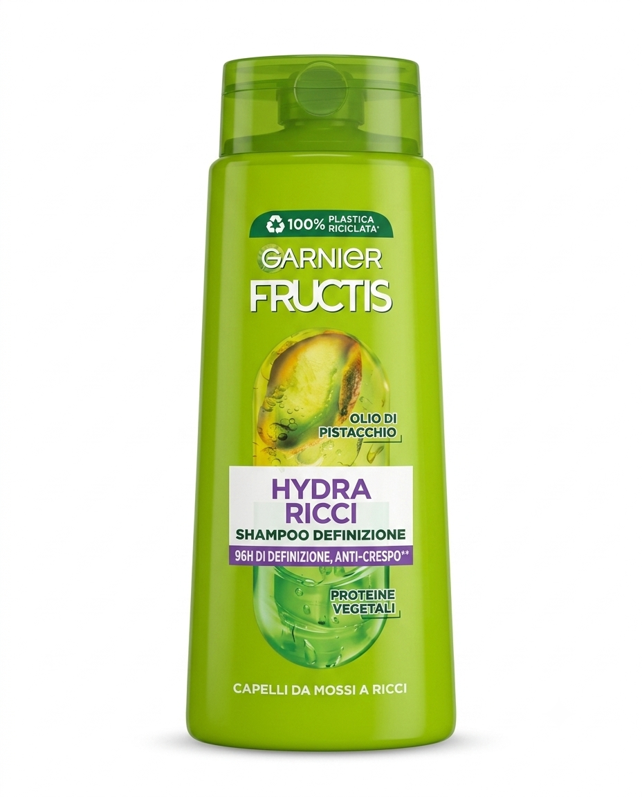 Garnier Fructis Hydra Ricci shampoo 700 ml con olio di pistacchio e proteine vegetali, anticrespo e definizione 96 ore.