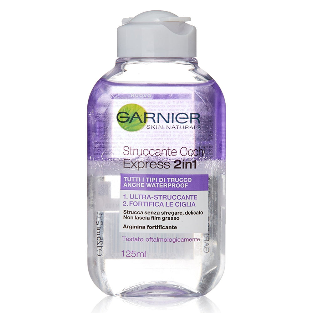 Garnier Struccante Occhi Express 2in1 Bifasico 125 ml | Rimuove Trucco Waterproof & Fortifica Ciglia con Arginina | Senza Residui Oleosi