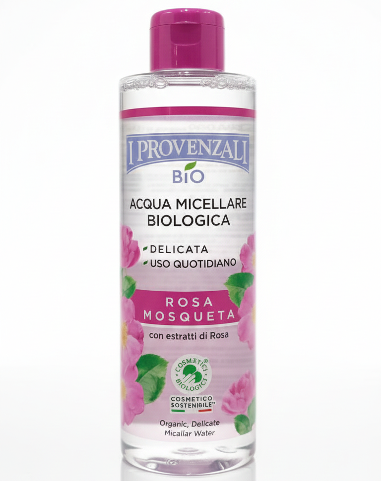 Acqua Micellare BIO Rosa Mosqueta I Provenzali delicata con estratti di rosa, formula 100% vegan testata al nichel, detergente e struccante per uso quotidiano che rispetta anche le pelli sensibili lasciandole fresche e morbide.
