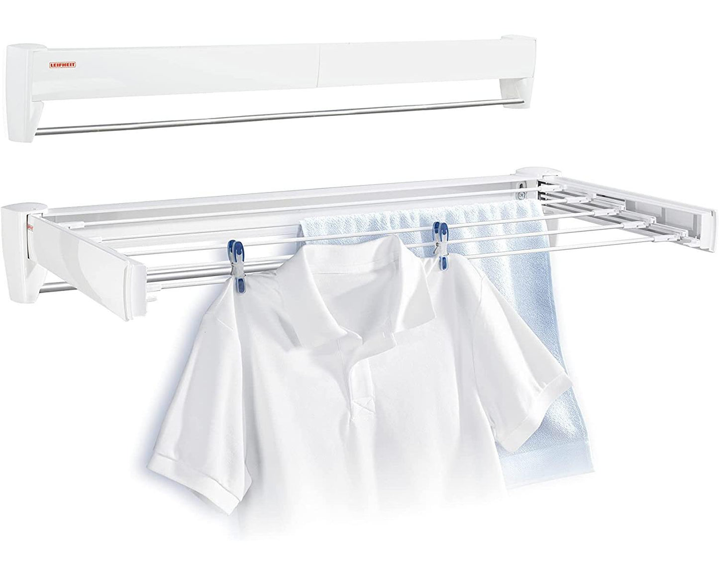 Leifheit Telegant 36 Protect Plus Stendibiancheria da Parete Estensibile | 3,6 Metri di Stesa | Barra Portasciugamani 60 cm | Design Telescopico a Scomparsa