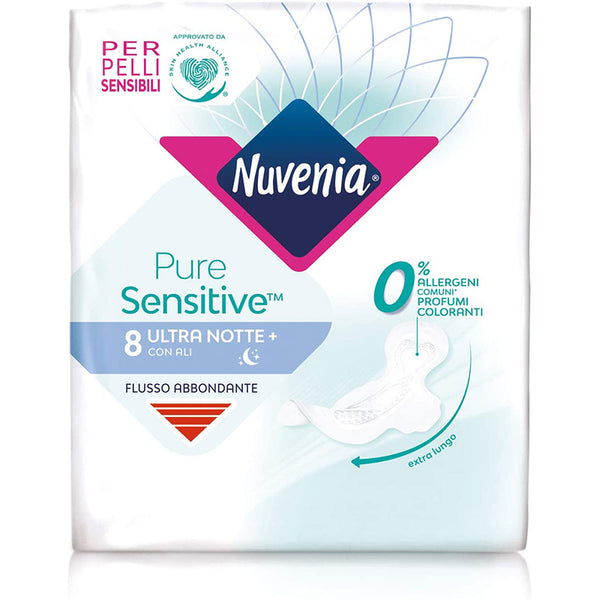 Nuvenia Pure Sensitive™ Ultra Notte con Ali 8 Pezzi | Protezione Massima 0% Irritazioni e Allergeni | Tecnologia Max Cour-V™ per Adattabilità Totale | Extra-Lungo per Flussi Molto Abbondanti | Ipoallergenici