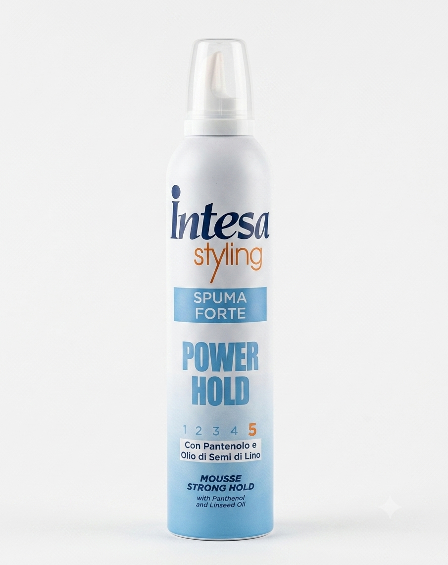 Intesa Styling Spuma Forte Power Hold 300ml, schiuma fissante con pantenolo e olio di semi di lino, volume e tenuta forte.
