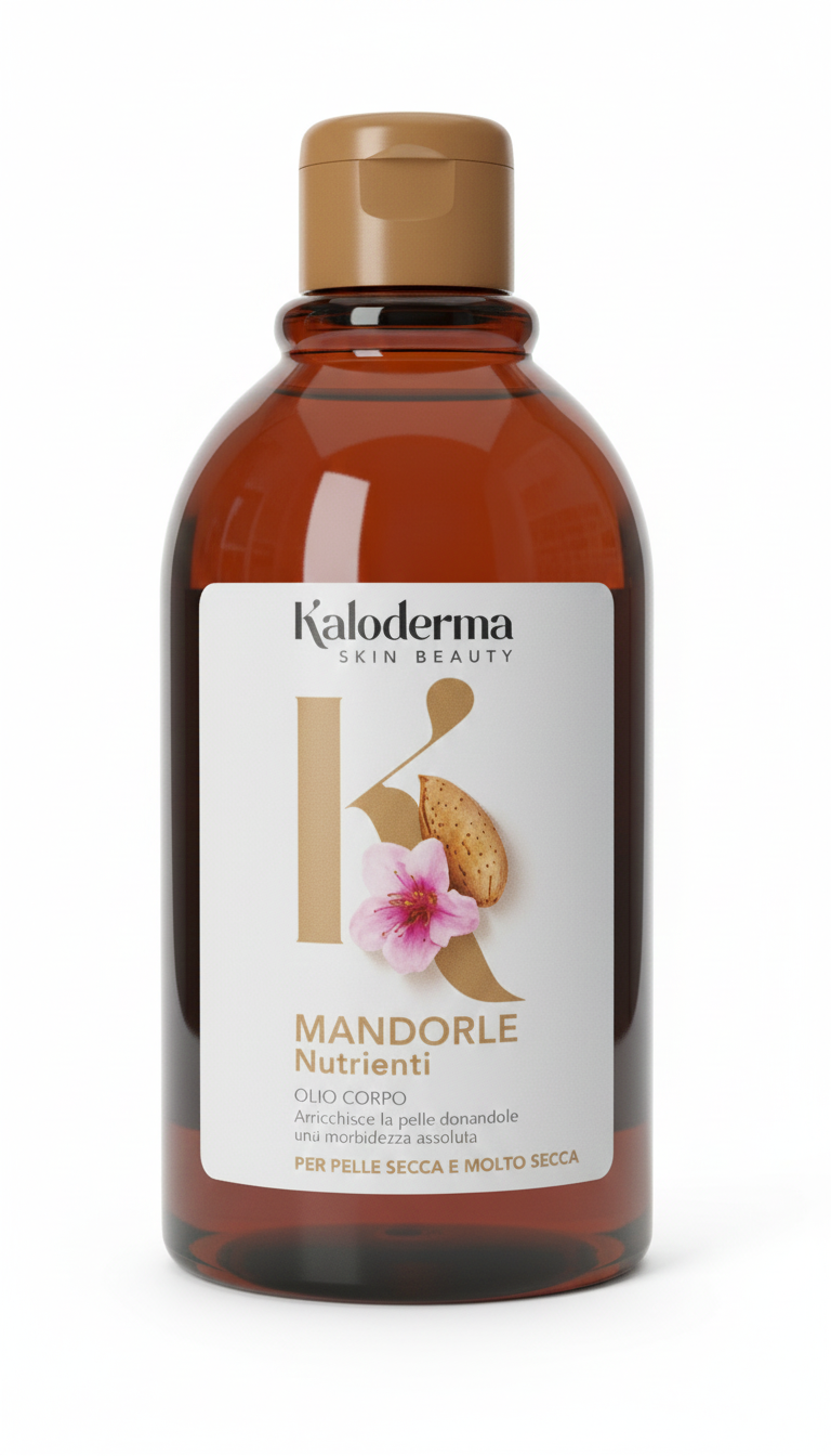 Olio Corpo Mandorle Nutriente Kaloderma da 300ml con olio di mandorle dolci spremuto a freddo, trattamento nutriente ed elasticizzante per pelle secca e fragile, ideale per prevenzione smagliature ed effetto setificante.