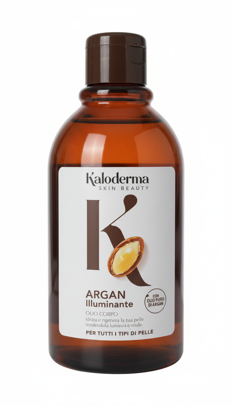 Olio Corpo Argan Illuminante Kaloderma da 300ml con olio di argan, germe di grano e vinaccioli, trattamento nutriente e rigenerante per pelle secca, effetto illuminante, idratazione profonda e pelle morbida e vellutata.