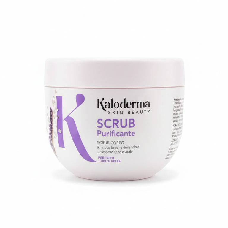 Scrub Corpo Purificante effetto SPA Kaloderma da 500g con zucchero di canna, olio di macadamia e lavanda, gommage esfoliante e nutriente che leviga la pelle e la rende morbida, vellutata e luminosa.