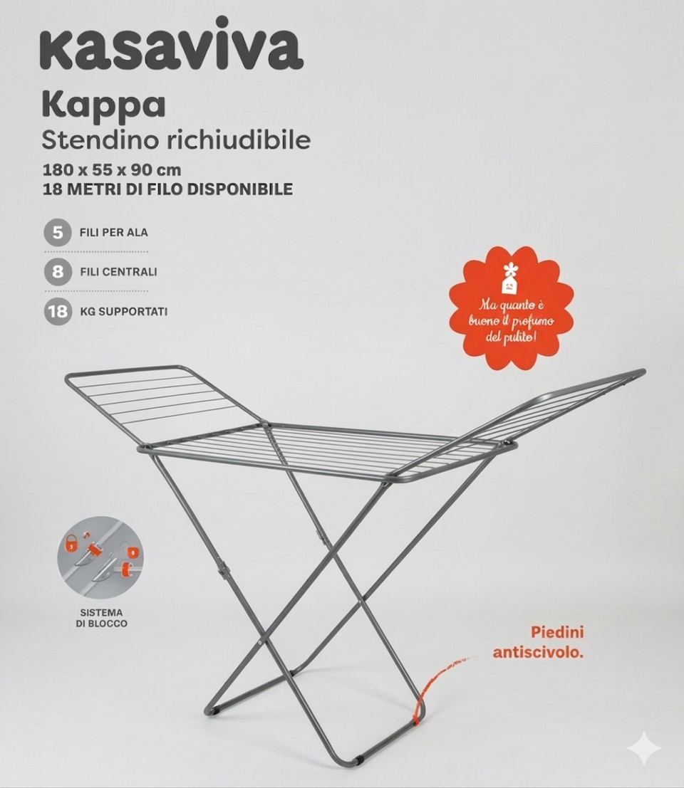 Kasaviva Kappa Stendibiancheria Richiudibile in Metallo | 18 Metri di Filo per Bucato | Portata 18 kg con Sistema di Blocco e Piedini Antiscivolo | Dimensioni 180x55x90 cm