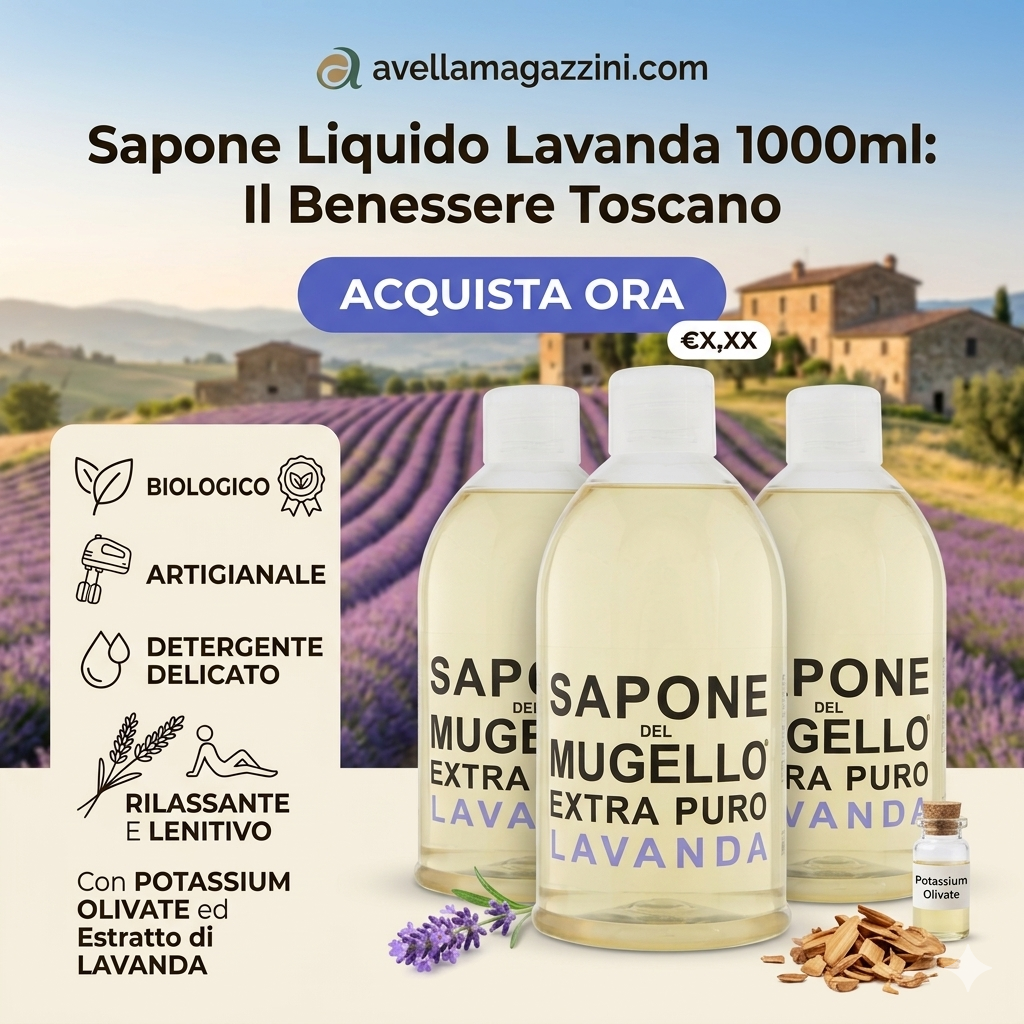 Sapone del Mugello Lavanda 1000ml | Sapone Liquido Artigianale Biologico | Con Olio di Oliva e Potassium Olivate | Lenitivo e Rilassante