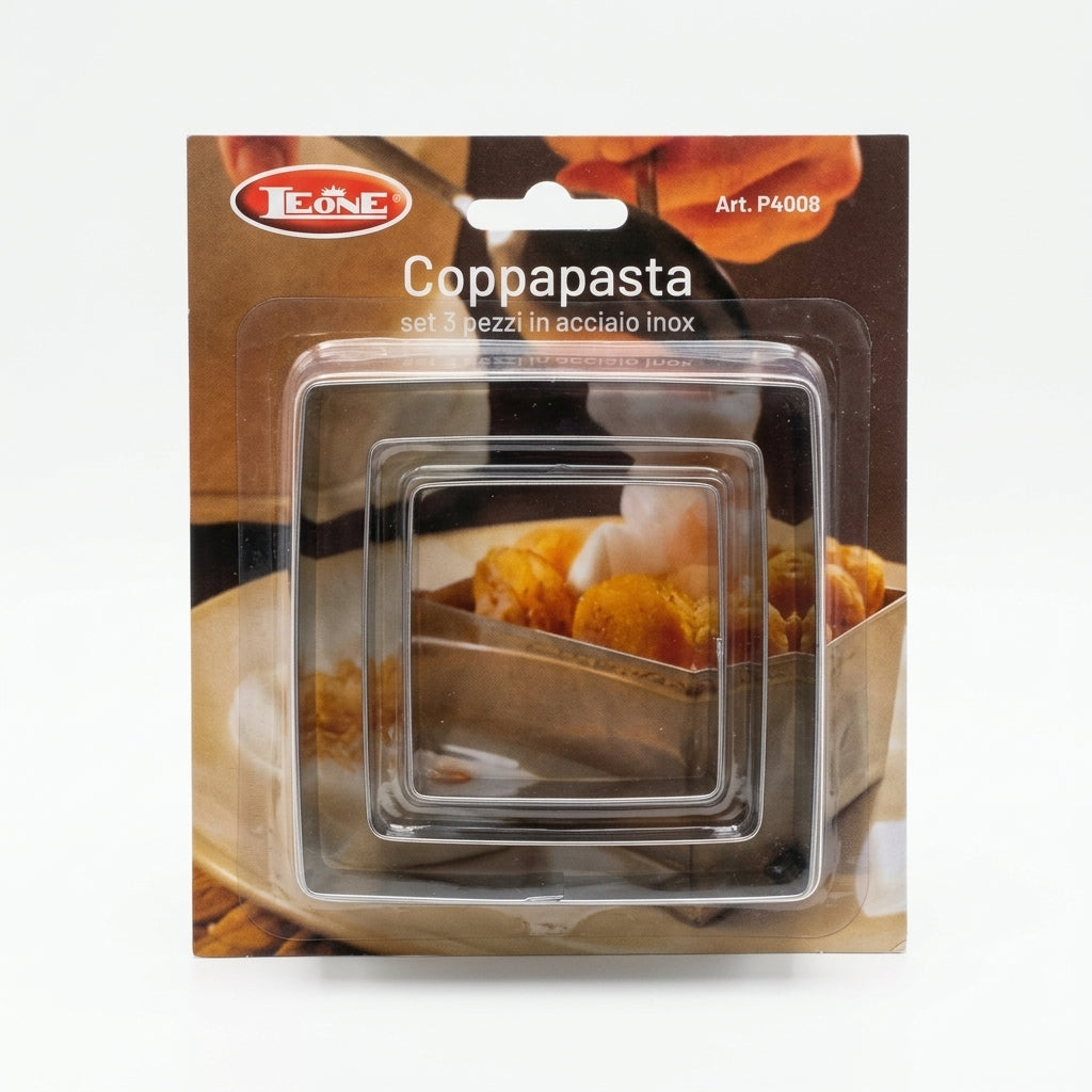 LEONE Coppapasta Quadrati Set 3 pezzi in acciaio inox, misure 10x10, 8x8 e 6x6 cm, altezza 4,5 cm, ideali per impiattare pasta, risotti, dolci e tartare.