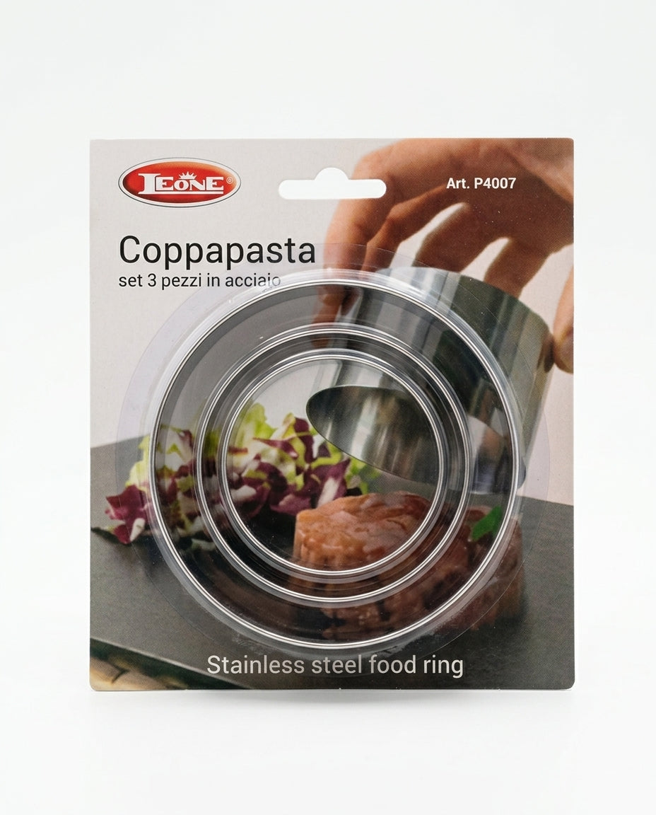 LEONE Coppapasta Tondi Set 3 pezzi in acciaio inox, diametri 10,5, 8 e 6 cm, altezza 4,5 cm, ideali per impiattare pasta, risotti, dolci e tartare.