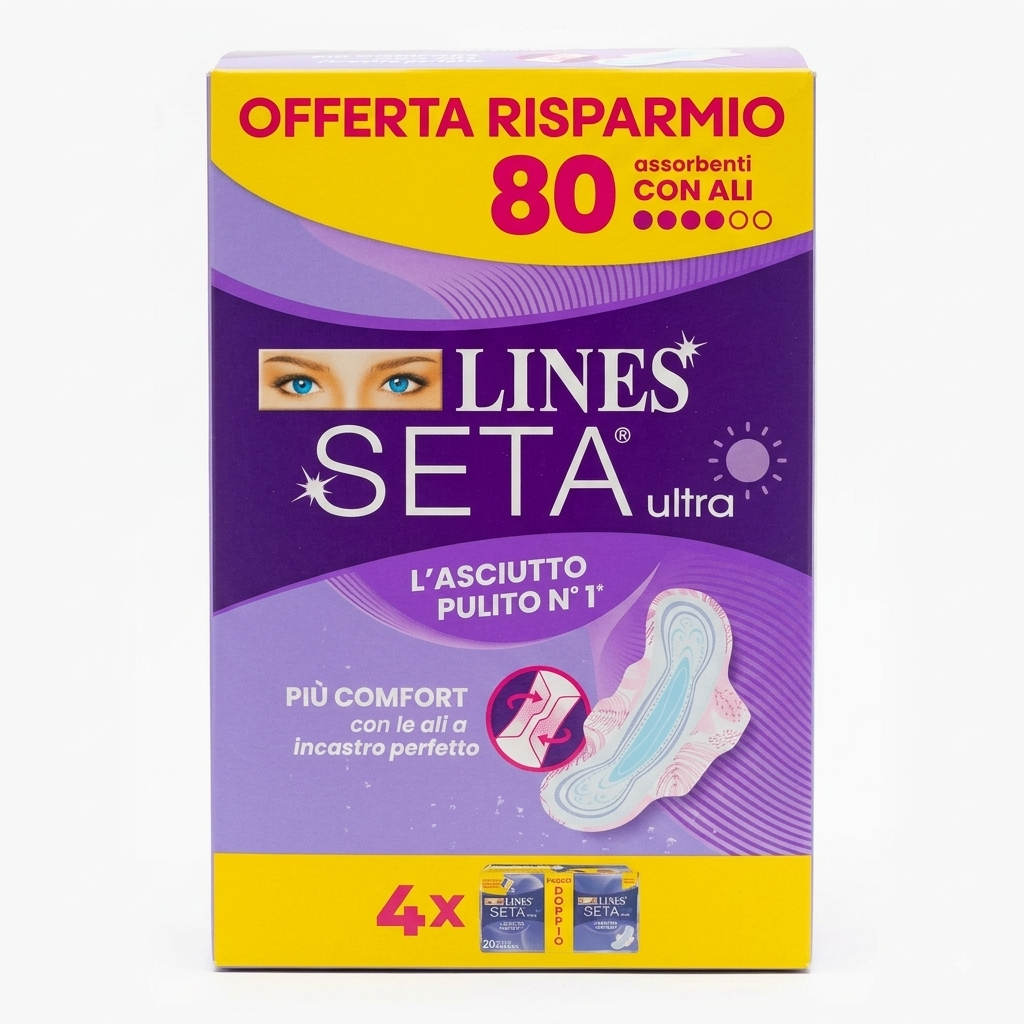 Lines Seta Ultra con Ali Maxi Bundle 80 pezzi (4×20), assorbenti da giorno da 24 cm con assorbenza 4 gocce e tecnologia Zero Odori.
