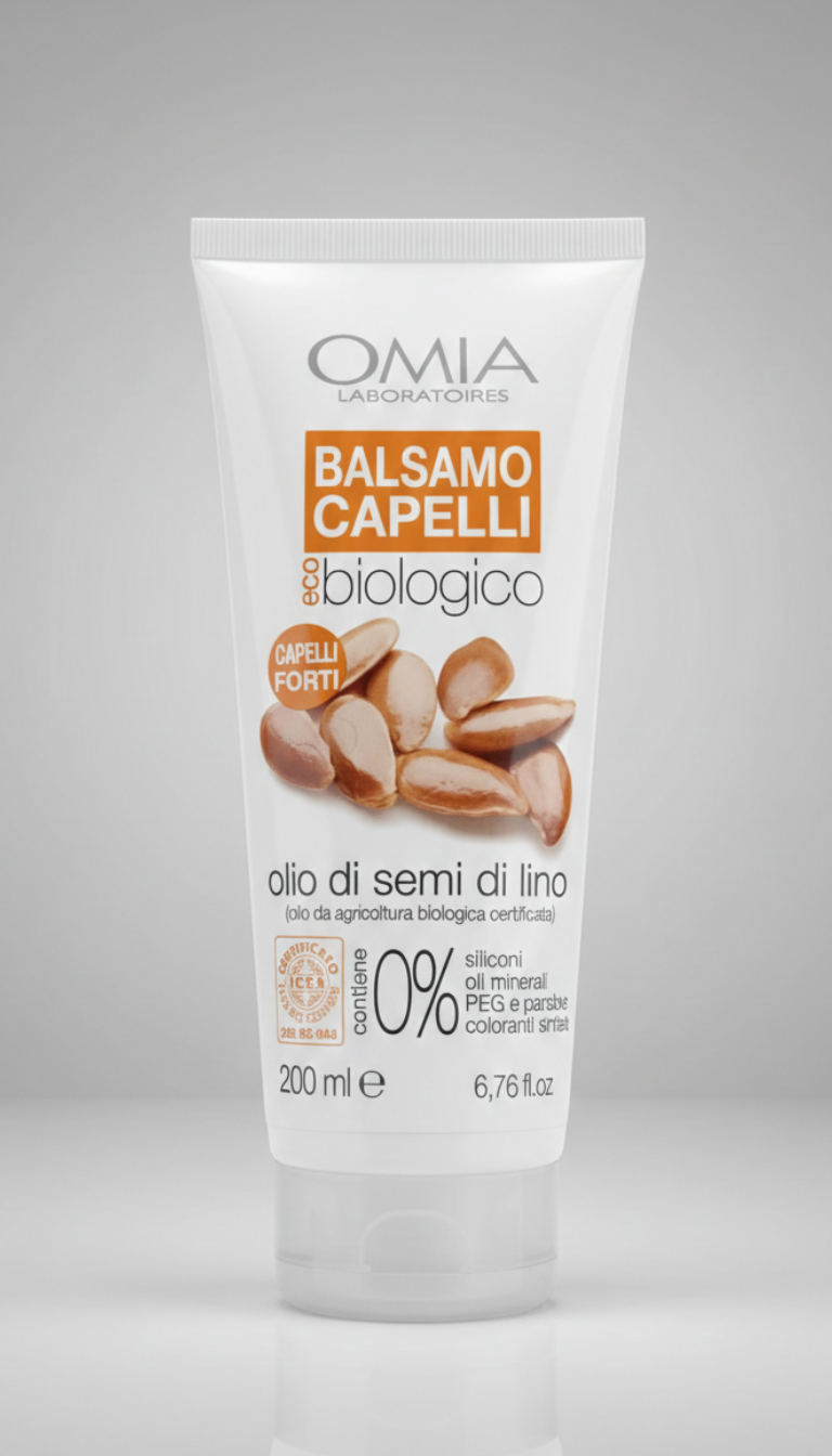 Omia Balsamo Capelli Eco Biologico Olio di Semi di Lino 200ml | Azione Ristrutturante e Rinforzante | Per Capelli Sciupati, Fragili e Sfibrati | Certificato ICEA