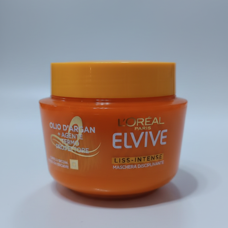 L'Oréal Elvive Maschera Liss Intense 300 ml con olio di argan e scudo termo-protettivo anti-crespo per capelli ribelli effetto liscio profondo e protezione fino a 230°C