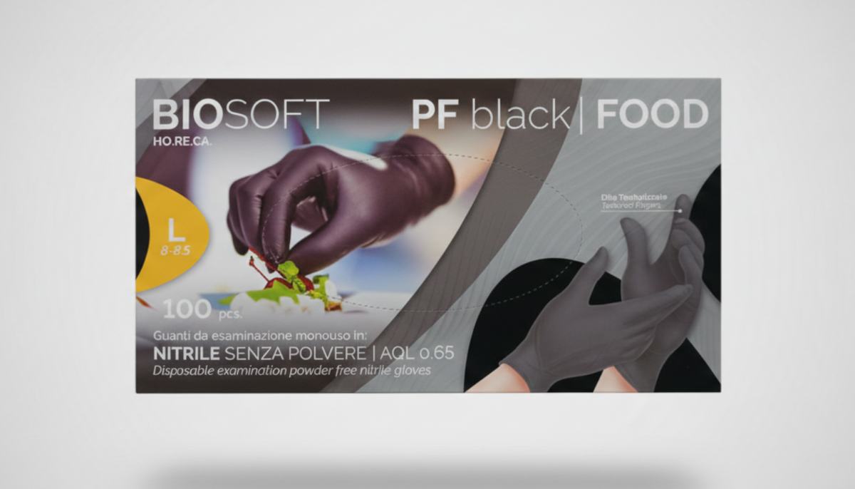 BIOSOFT BLACK Guanti in Nitrile Senza Polvere 100 pz | Neri Professionali | Idonei al Contatto Alimentare (MOCA) | Alta Resistenza e Presa Sicura | Senza Lattice | Taglie M, L, XL