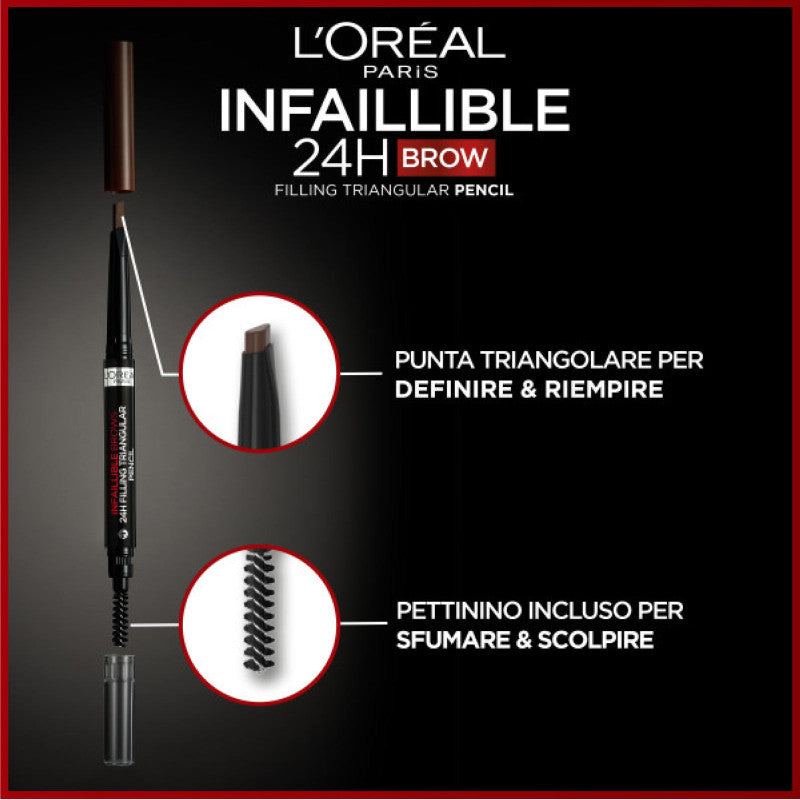 L'Oréal Paris Infaillible Brows 24H Filling Triangular – Matita Sopracciglia Lunga Tenuta con Punta Triangolare e Pettinino