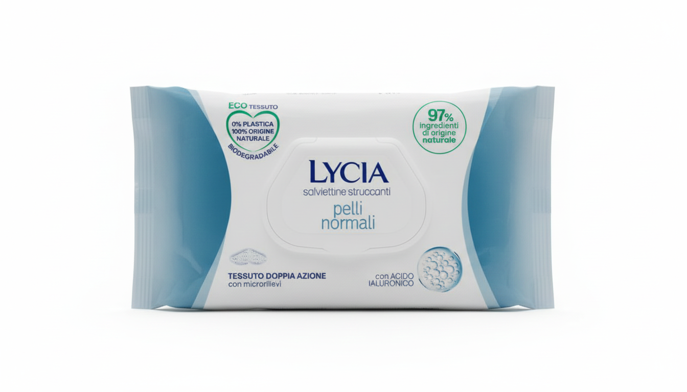 Lycia Salviette Struccanti Idratanti Pelli Normali | 60 Pezzi | Con Acido Ialuronico e Anti-Pollution Tech | ECO-Tessuto 100% Naturale Biodegradabile